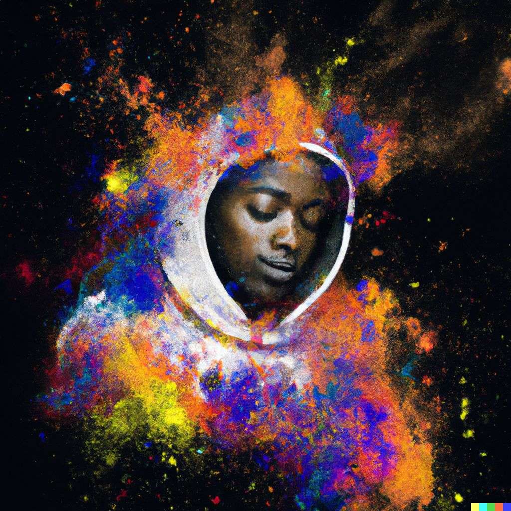 an astronaut, made from a burst of colored powder, digital art